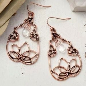 Lotus Flower Wire Boho Teardrop Hoop Drop Pierced Earrings